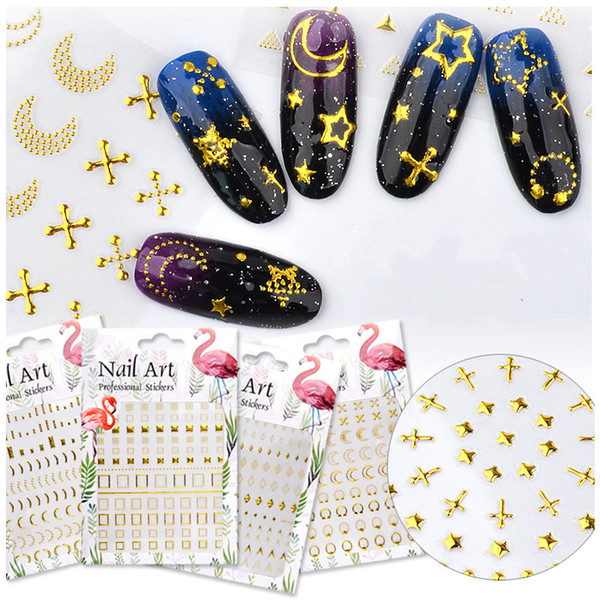 Top Quality Mix 3D Gold metal Hollow Nail Art Stickers Sticky function on the back Nail Decals rivet shape Decoration Decals