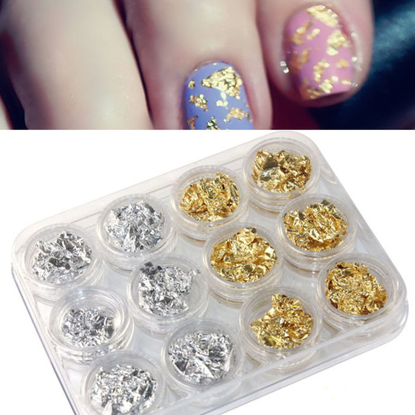 12 PCS Nail Art Gold Silver Paillette Flake Chip Foil DIY Acrylic UV Gel Pager Free shipping & wholesale