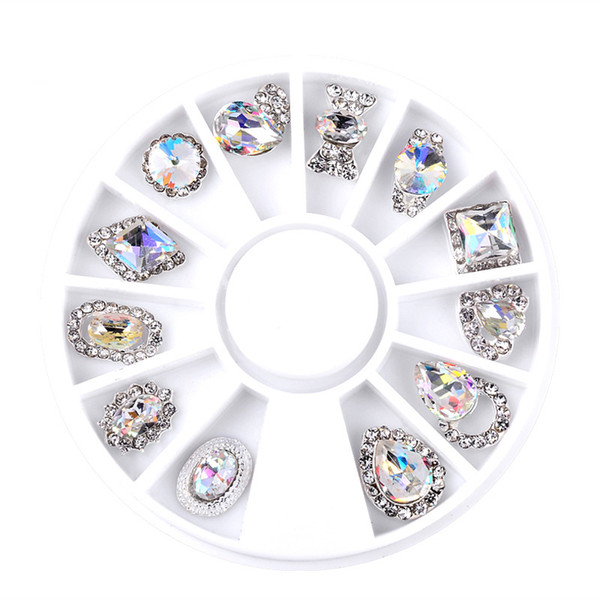 Nail art decoration mixed shape alloy white AB crystal rainbow diamond 12pcs/wheel 7mm-10mm DIY nail jewelry MZ007