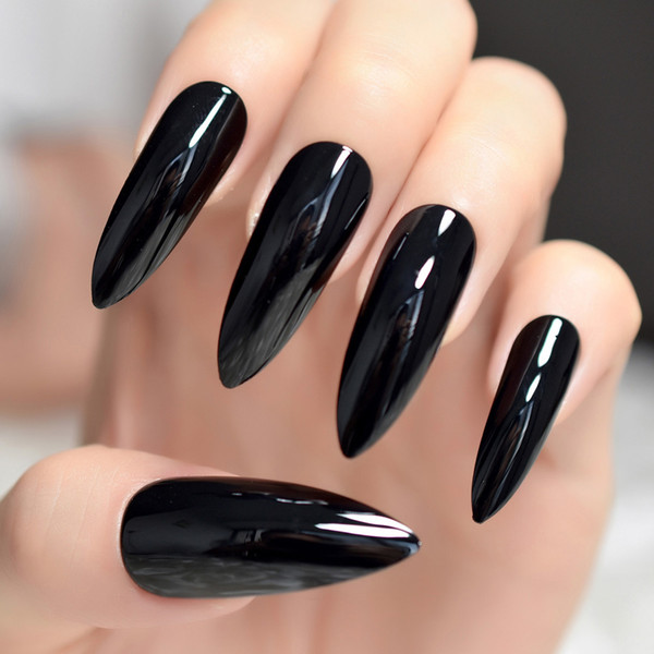 Black Extremely Long Stiletto Nails 24 Full Set of Nails UV Gel Finished Press on Nail Halloween Witch Claw Fancy Dress Nails