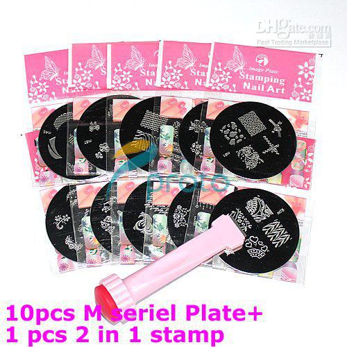 10pcs Round Stainless Steel Image Plate + 2-way stamp + scrap DIY Nail Art Stamping Temp