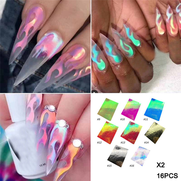 New DIY Fashion Nail Art Stickers 16PCS Flame Reflections Tape Adhesive Foils Nail Sticker Manicure Decoration 0806#30