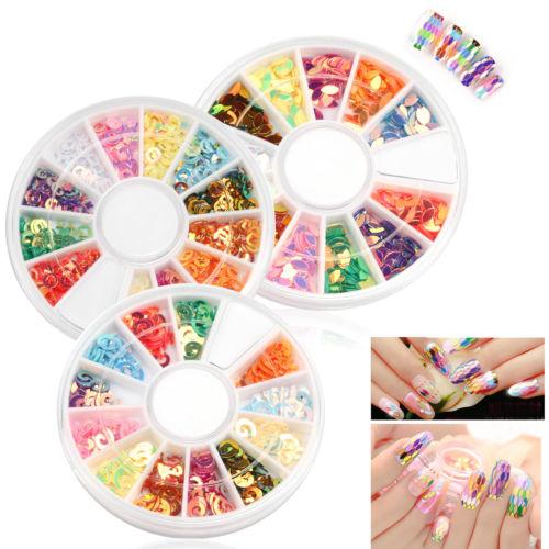 Wholesale 3 Different Shape Mix 12 Colors Shiny Nail Art Tips Decoration DIY Craft Eyes Circle Shape Sequins