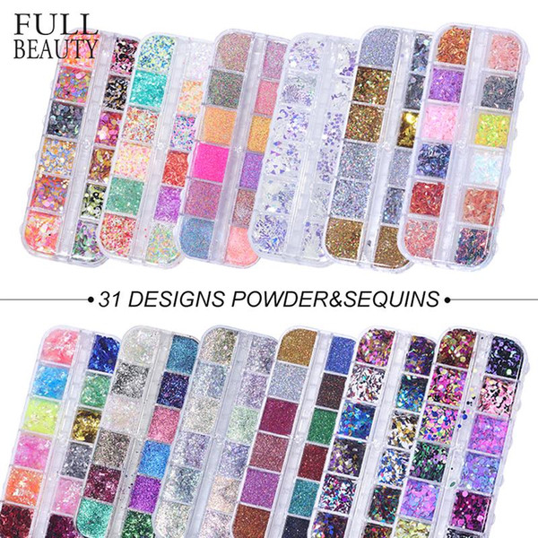 CH067 Full Beauty 12 Grids/Sets Nail Glitter Sequin Mixed Mirror/Mermaid/Sugar Round DIY Flake Paillette Nail Art Decorations