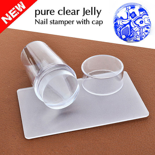 Unique Design Pure Clear Jelly Silicone Nail Art Stamper Scraper with Cap Transparent 2.8cm Nail Stamp Stamping Tools