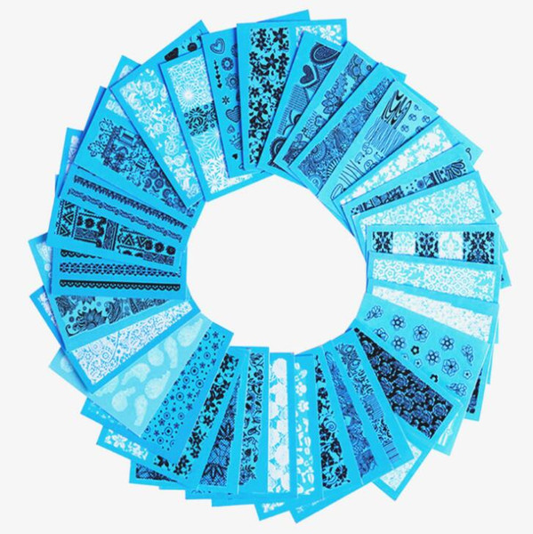 48pcs/set Blue Nail Watermarking Stickers Transfer Printing STZ Colorful Ink Flowers and Metal Nail Stickers