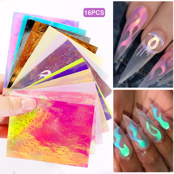 16 Sheets/Set Aurora Flame Nail Sticker Holographic Colorful Fire Reflections Nail Decal Self-Adhesive Foils DIY Nail Art Decoration