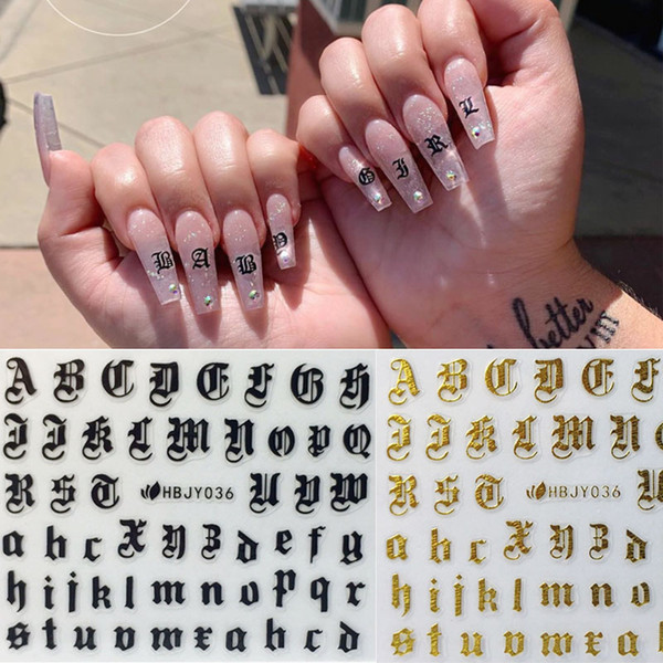 Can Mix Design Nail Art 3D Decal Stickers Alphabet Letters White Black Gold Acrylic Nails Tool