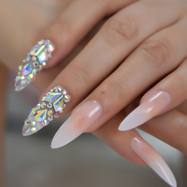 Luxury 3D AB Gems Gradient Pink Nude Press on Nails Baby Ombre Extra Long Stiletto False Fake Nail Tips Pointed Fingers Nails