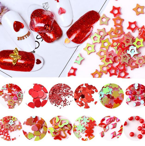 Nail Art Professional Nail sequins mixed models 12/lot red sequins set DIY jewelry 2017 Nail decorations