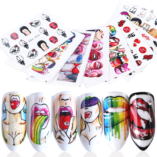 9pcs Nails Water Decals Sexy Lips Pop Nail Sticker Cool Girl Watermark Beauty Slider Decorations Manicure