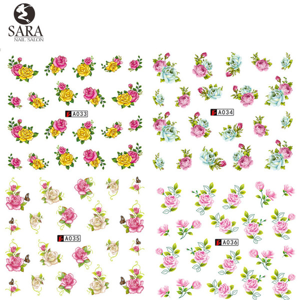 Wholesale- Sara Nail Salon 1pcs Beautiful Flower Decal Water Transfer Manicure Nail Art Stickers Tips Decoration A033-048