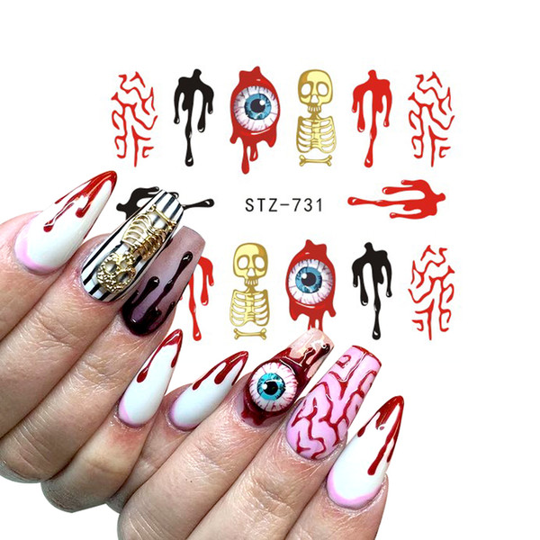 Wholesale MOQ 1 Sheet Halloween Nail Art Sticker Sexy Skull Bone Water Transfer Decals Nails Foil Manicure Decoration STZ731-745