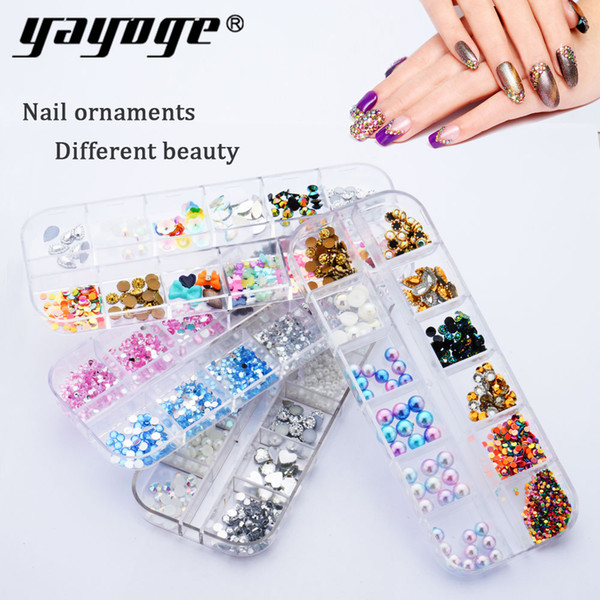 Yayoge Circle Beads Rhinestones Nail Art Mix 12 Color 2mm Glitters Acrylic UV Gel Gems Decoration with Hard Case