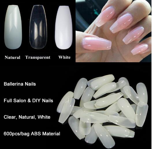 Wholesale 600pcs/Bag Ballerina Nail Art Tips Transparent/Natural False Coffin Nails Art Tips Flat Shape Full Cover Manicure Fake Nail Tips