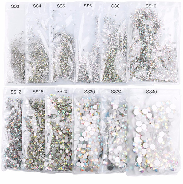 Hot Super Glitter ss3-ss50 Crystal AB Flat Back Non HotFix Rhinestone 3D Glass Nail Art Rhinestones mix sizes Decorations