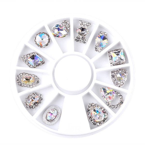 New 12pcs/Box Nail Art Rhinestone Charm Clear AB Alloy Nail Crystal Decorations Wheel 3D Mix Designs Manicure Tools 2017 Sale