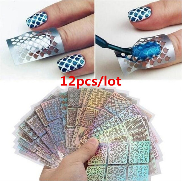 12 sheet/Lot reusable 3D nail art DIY stickers vinyl stencil guide hallow sticker manicure curved wave laser tip new