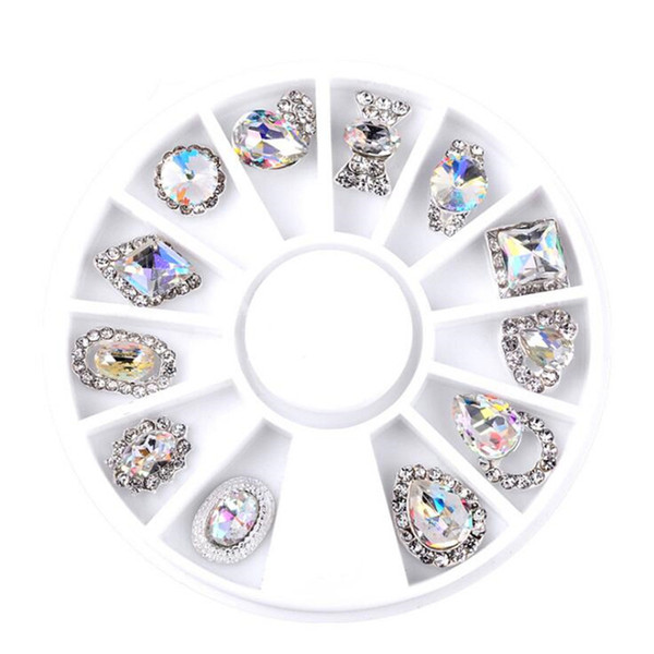 12pcs/Box Nail Art Rhinestone Charm Clear AB Alloy Nail Crystal Decorations Wheel 3D Mix Designs Q146