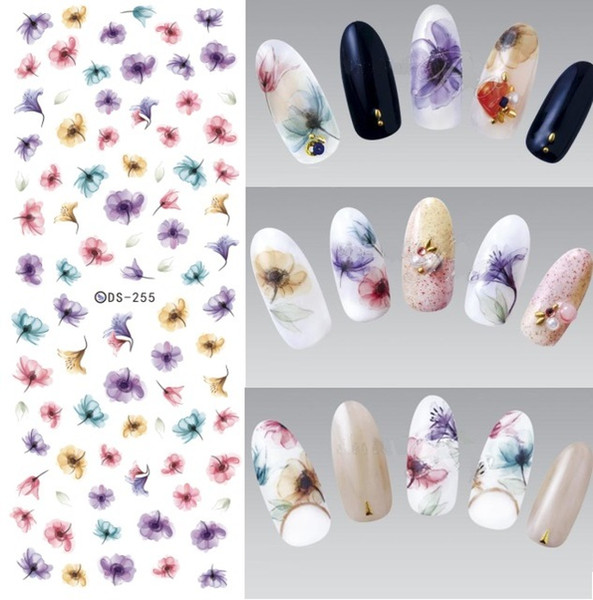 Wholesale-DS255 DIY Designer Water Transfer Nails Art Sticker Colorful Purple Fantacy Flowers Nail Stickers Wraps Foil Sticker manicure