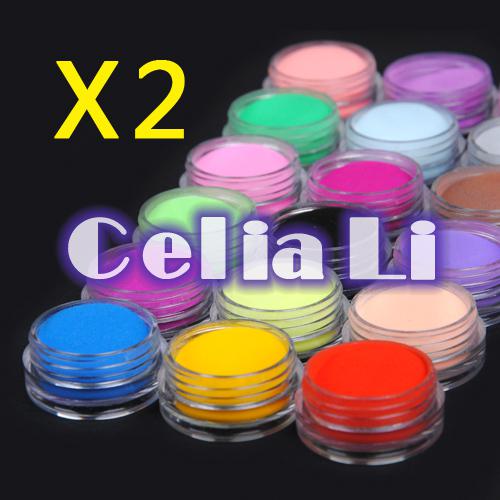 Wholesale-2 sets of 18 Color acrylic Powder liquid Glitter Nail Art Tool Kit UV Dust gem 1161