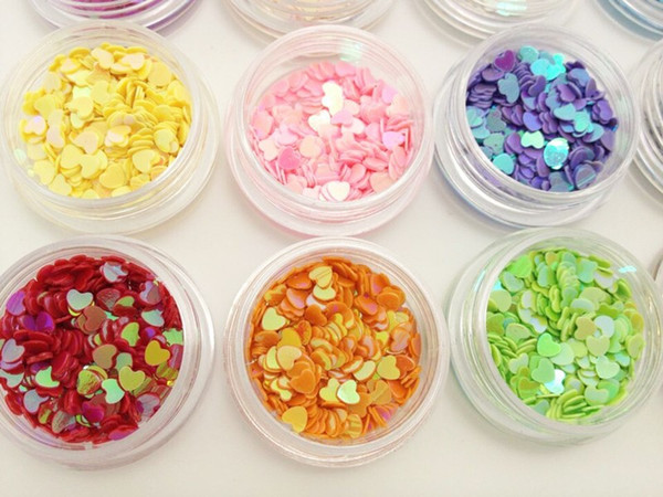 12 Pots Heart Nail Art Glitter Heart Shapes Confetti Sequins Acrylic Tips UV Gel Decoration fee shipping DHL #6811