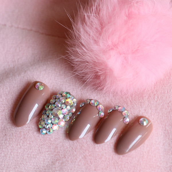 24pcs beautiful full diamond crystal diamond stiletto high candy color fake nails brown W80