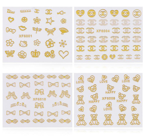 3d Gold Nail Art Stickers Decals 1 sheet Flowers Bowkbot Crown Star Design Metallic Adhesive Nail Foils Tips Decoration DIY Nail Supplies