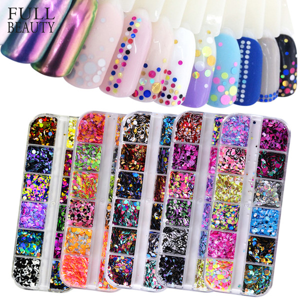 12 Grids/Set Mixed Color Round Nail Glitter Flakes 1/2/3mm 3D Sequins Paillette Powder Charm Nail Art Decoration Manicure CHPA-F