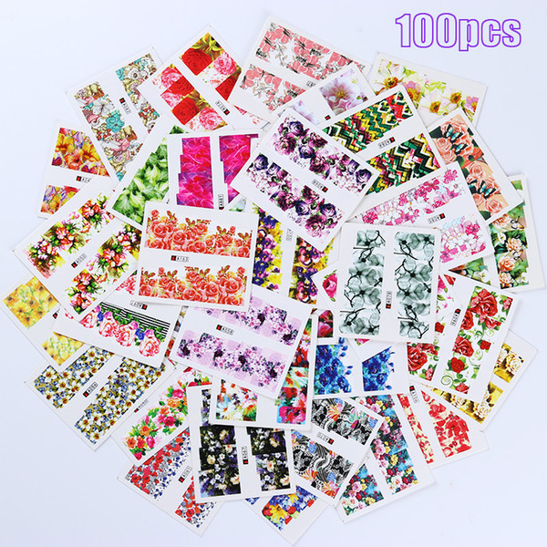 100pcs Nail Art Transfer Sticker Set Mixed Flower Butterfly Bowknot Love Water Decals Slide Sticker Manicure Nail Art Decoration