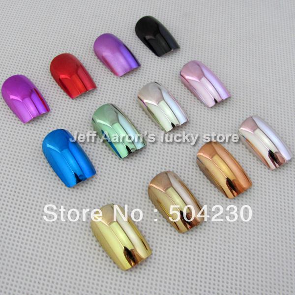 144PCS 12 Metallic Color Metal Plating False French Acrylic Nail Tips With Nail Glue 12 sizes