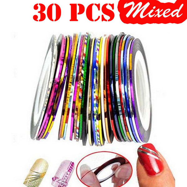 30 Rolls/Lot Fashion Multi Mix Colors Rolls Striping Tapes Line Metallic Yarn Nail Art Patterns Decoration Wraps Sticker Highlight Manicure