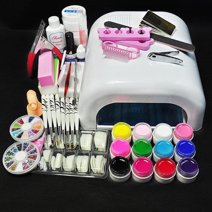 Wholesale-White Lamp & 12 Color UV Gel Nail New Pro 36W UV GEL Nail Art Tools Sets Kits