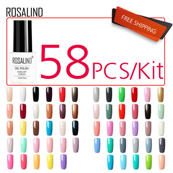 ROSALIND 58PCS/LOT Gel Nail Polish Nail Set For Manicure Kit Gel Varnishes Semi Permanent Lucky Pure Color Series UV LED Lamp