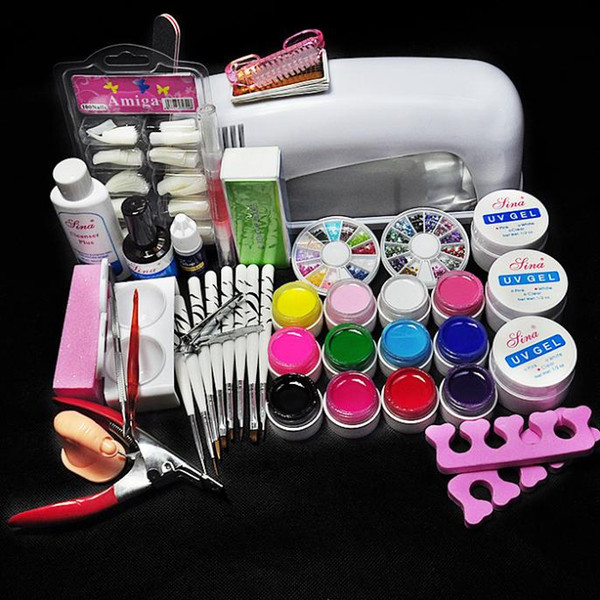 Wholesale-2015 Latest Hot Pro 9W UV GEL White Lamp & 12 Color UV Gel Nail Art Tool Kits Sets