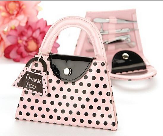 Pink Polka Dot Purse Manicure Set Bridal Shower Favours Gift Party Wedding Gifts Free Shipping YH071