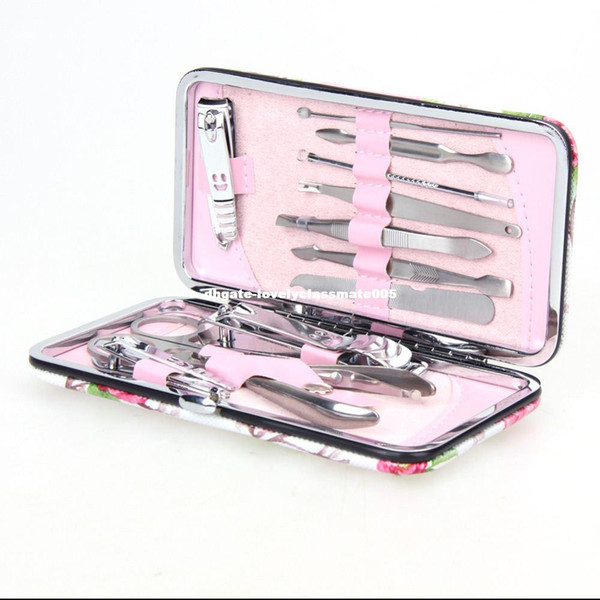 12pcs Complete Manicure Set Pedicure Scissor Nail Clipper Kit Nail Tools Tweezer Knife Ear pick Tools+Stone Pattern/grid Case