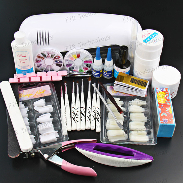 Wholesale-FREE SHIPPING Professional Full Set UV Gel Kit Nail Art Set + 9W Curing UV Lamp Dryer Curining