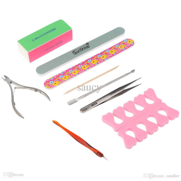 Wholesale-10Pcs/Set Nail Art Set Manicure Tools Nail File Buffer Cuticle Fork Pusher Nippers Tweezers Polishing Block Stick