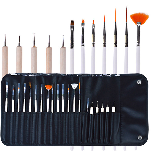 20pcs Nail Art Design pen Brushes Set Dotting Painting Drawing Nail Polish Pen Tools makeup brush set Kit with leather bag WWA161