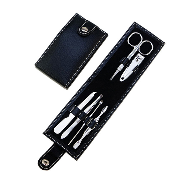 6pcs/set Black Carbon Stainless Steel Manicure Set Leather Holster Bag Nail Files Sharpener Clippers Kit Face Beauty Care Tools