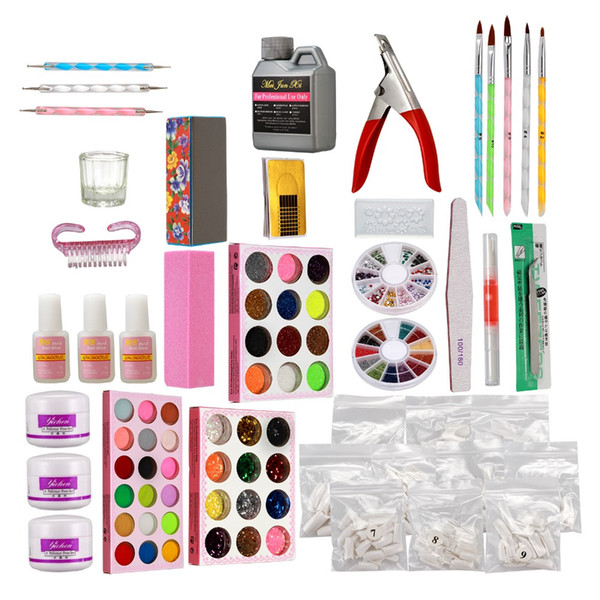 Nail Art Set Acrylic Glitter Powder Liquid Glue French False Nail Tips File dotting pen brush pen