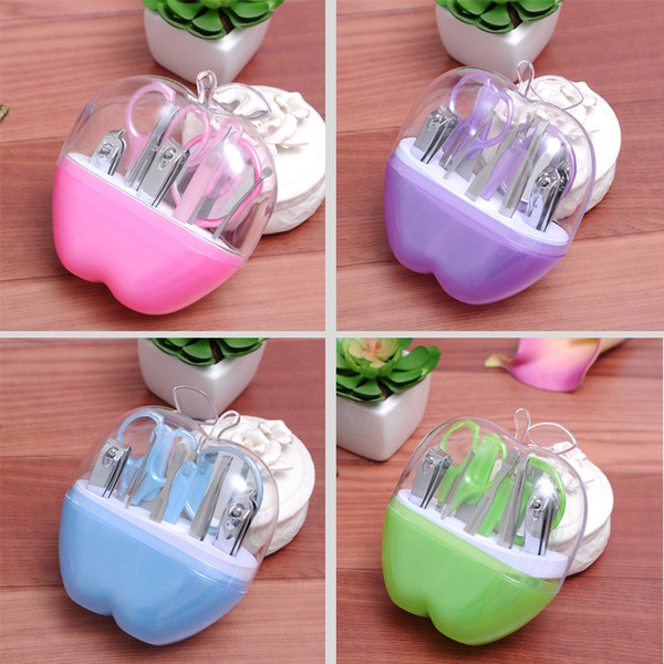 HOT SALE!! Stainless Steel Household Nail Manicure Kit Nails Clipper Apple Type Packing 4 Colors Pink Green Purple Blue