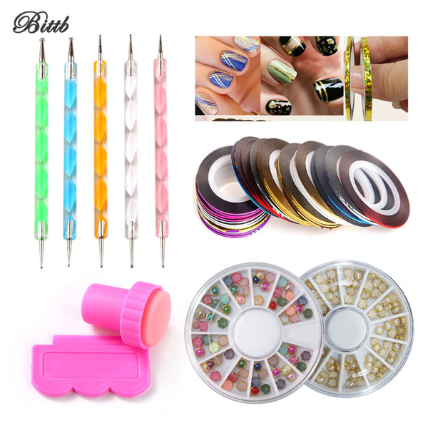 Bittb Nail Art Tool Set Dotting Pen Decal Line Sticker Rolls Manicure 3D Rhinestones Nails Polishing Stamp DIY Beauty Kits