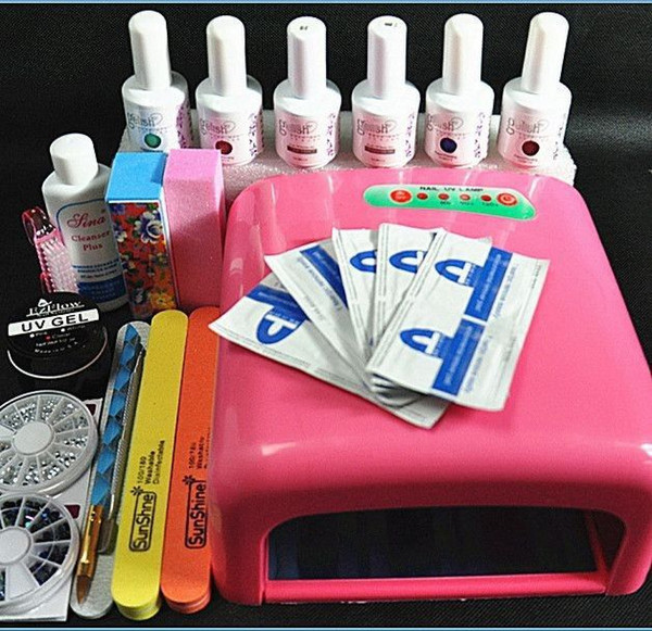 Wholesale-Free Shipping Nail Art Pro DIY Full Set Led Soak Off Uv Gel Polish Manicure File Topcoat Cleanser Combo 36W Curing Lamp Kit Set