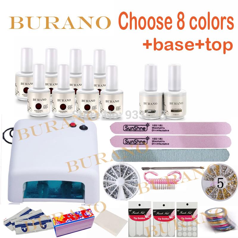 Wholesale-Burano choose 8 colors 36w timer uv lamp manicure set uv gel nail art diy nail tools sets kits set for nail gel KIT001 15ML