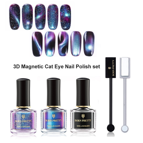 BORN PRETTY 3D Magnetic Cat Eye Nail Polish Set With 6ml Black Base Magnetic Stick Holographic Varnish Nail Art Lacquer Kit