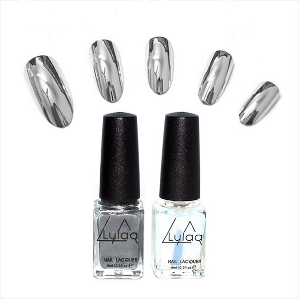 Wholesale- 2pc/lot 6ml Silver Mirror Effect Metal Nail Polish Varnish Top Coat Metallic Nails Art Tips nail polish set