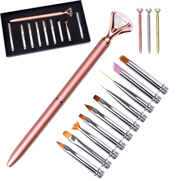 Nail Art Pen Brush Set Replace Head Metal Diamond Cuticle Remover Crystal Flower Drawing Painting Liner Design Nail Tool