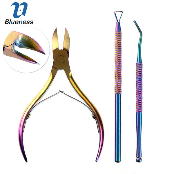 Blueness Colorful Stainless Steel Nail Cuticle Pusher Clipper Scissor Nipper Tweezer Picker Steel Manicure Nail Art Tool